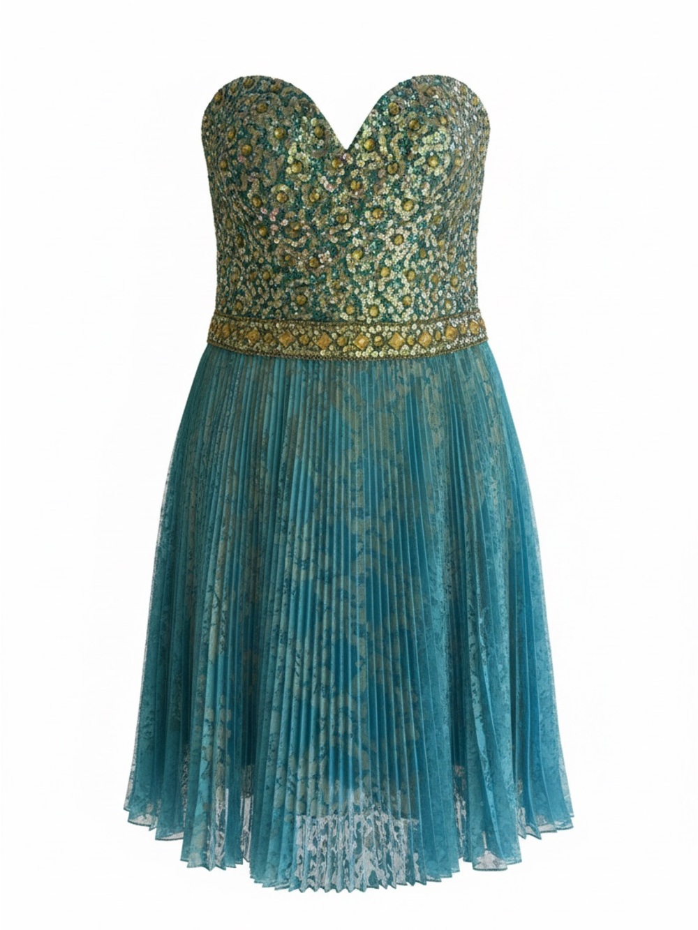 Sherri Hill Teal Strapless Sequin & Gold-Banded Dress